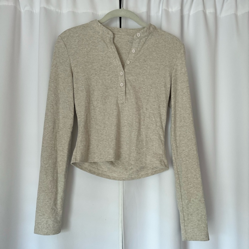 SHEIN Oatmeal Cream Beige Long Sleeve Henley Top Size Small
